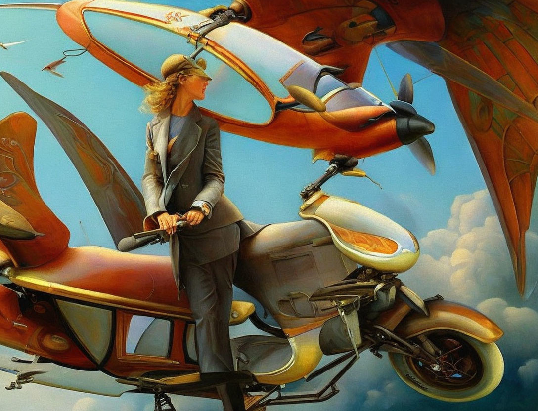 Futuristic painting: person in suit and visor helmet on propeller motorcycle amid floating ships.