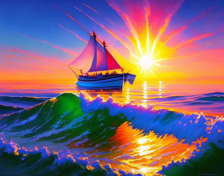 Sailboat painting with vivid blue and orange hues