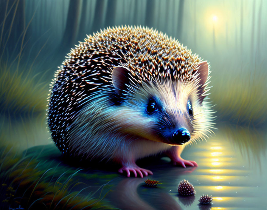 Glossy fur hedgehog by water in dreamy digital painting