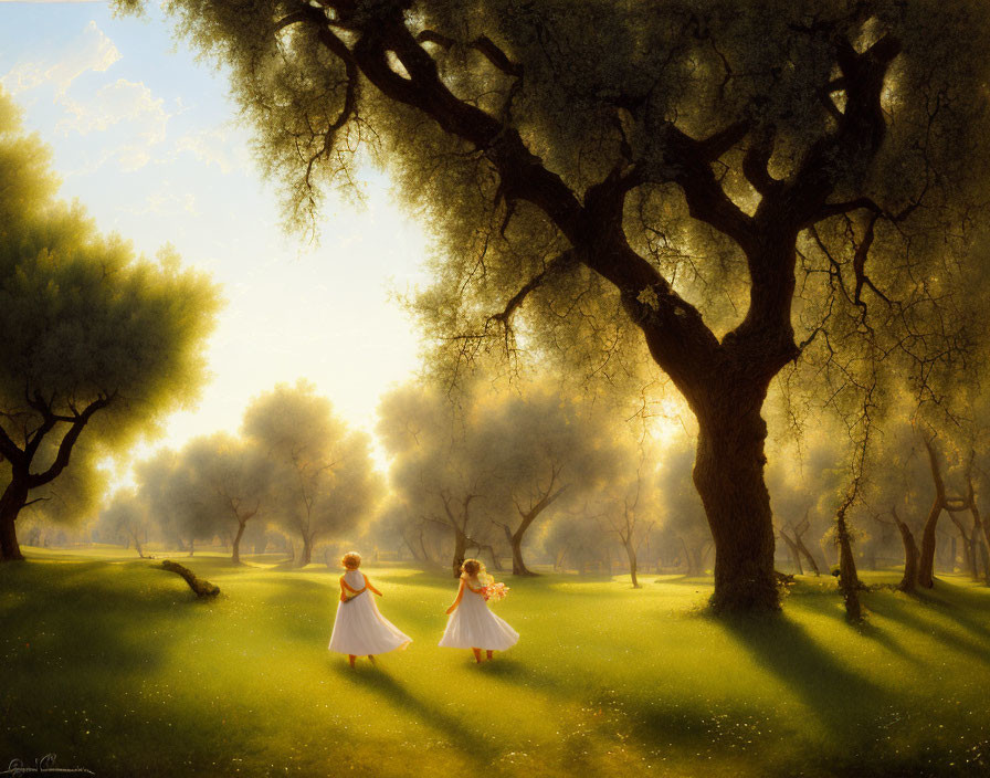 Young girls dancing in white dresses under sunlight and olive trees