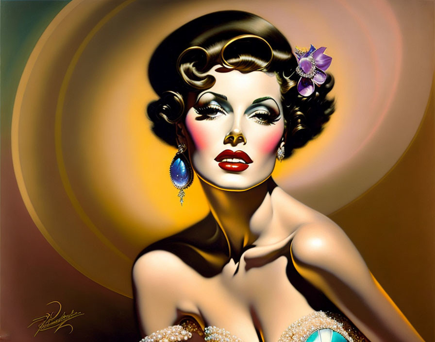 Vintage-Style Illustration of Glamorous Woman with 40s Hollywood Hair