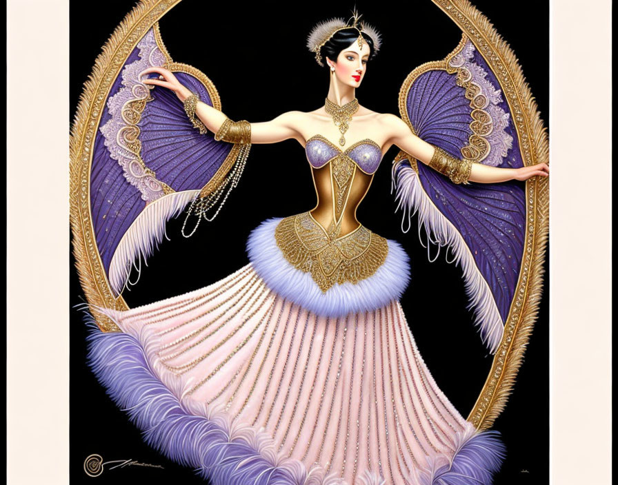 Stylized woman illustration with purple wings and ornate attire