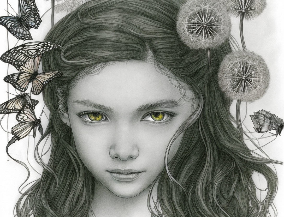 Monochrome drawing of young girl with yellow eyes, adorned with butterflies and dandelions.