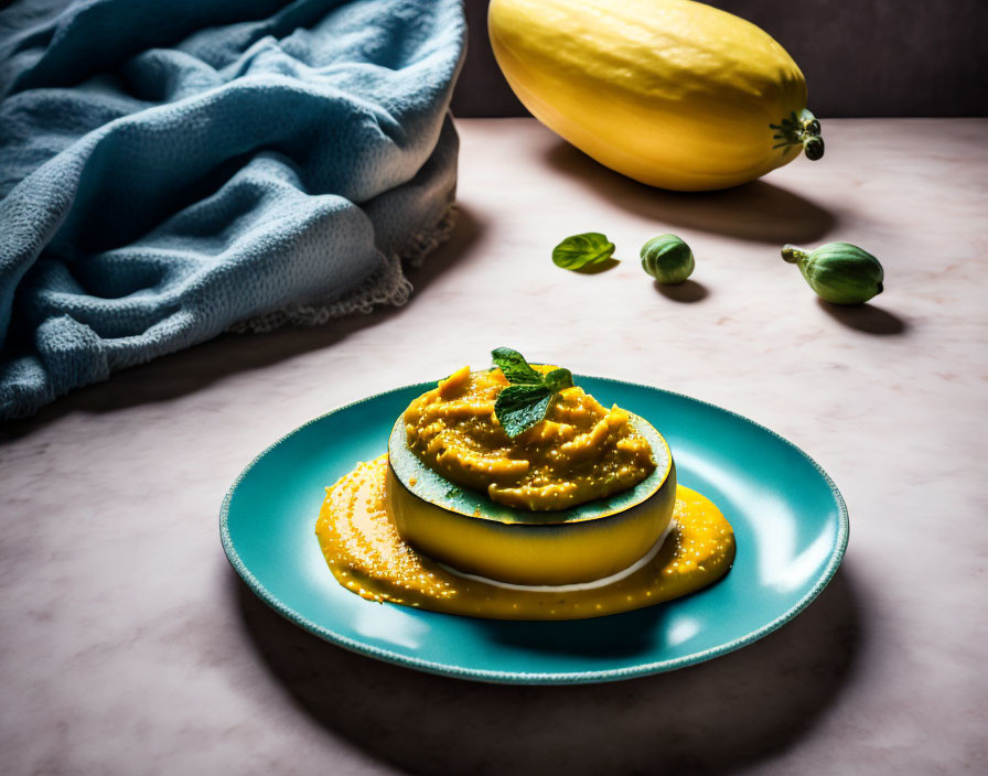 Colorful Squash Puree Dish with Mint Garnish on Teal Plate