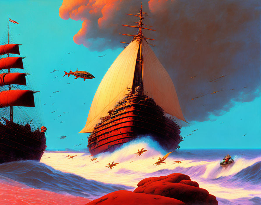 Large ship with billowing sails near rocky shores under red sky, with flying fish and small boats