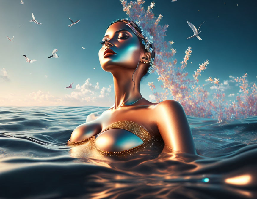 Woman with coral headpiece emerges from ocean at sunset surrounded by white birds