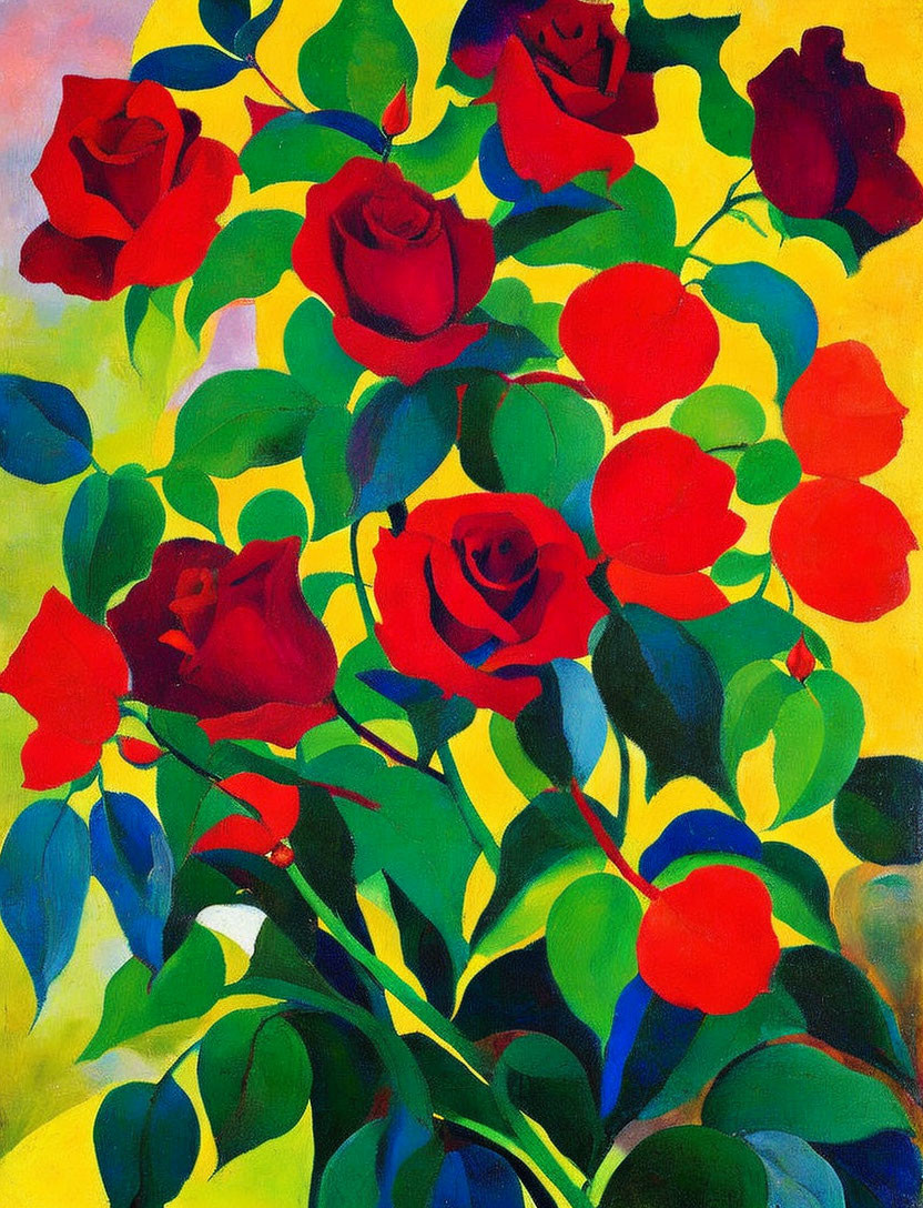 Vibrant Red Roses Painting on Yellow and Orange Background