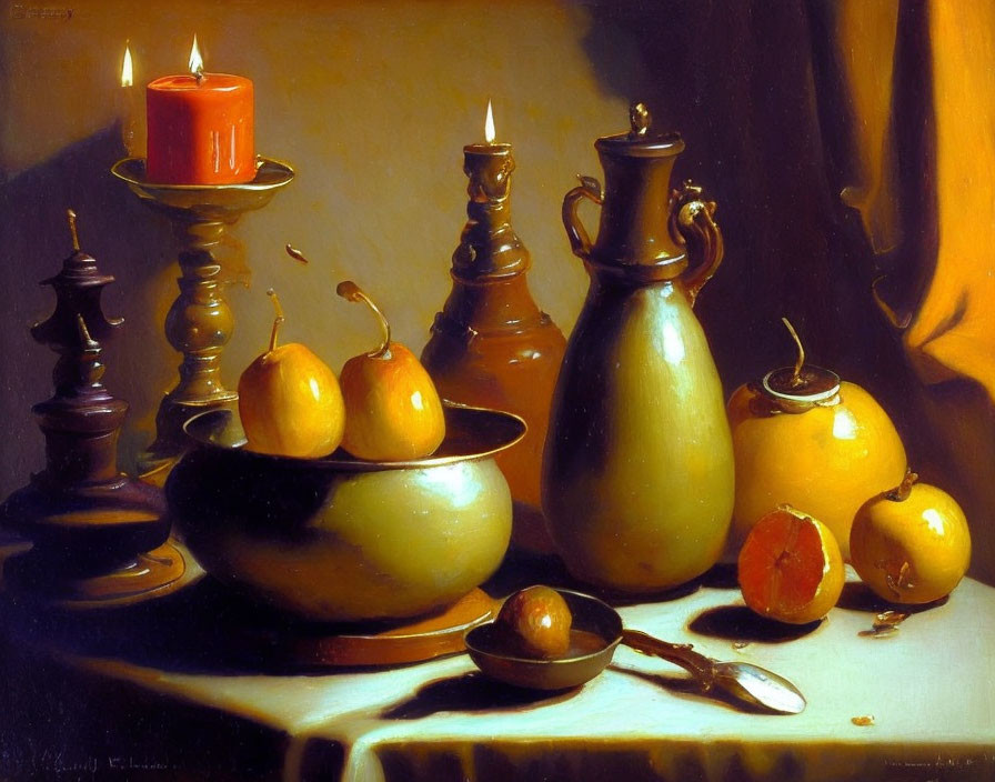 Classic Still Life Painting with Apples, Candle, Pitcher, and Candlesticks