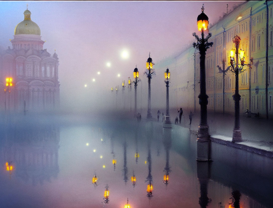 Foggy evening scene: glowing street lamps, water reflection, grand building with domed roof