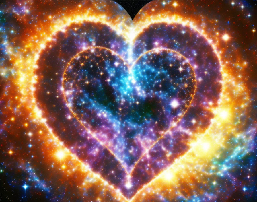 Colorful cosmic heart shape in stellar blues and fiery oranges on dark space.