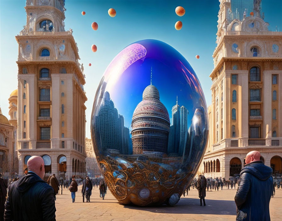 Giant reflective egg in surreal cityscape plaza with floating oranges