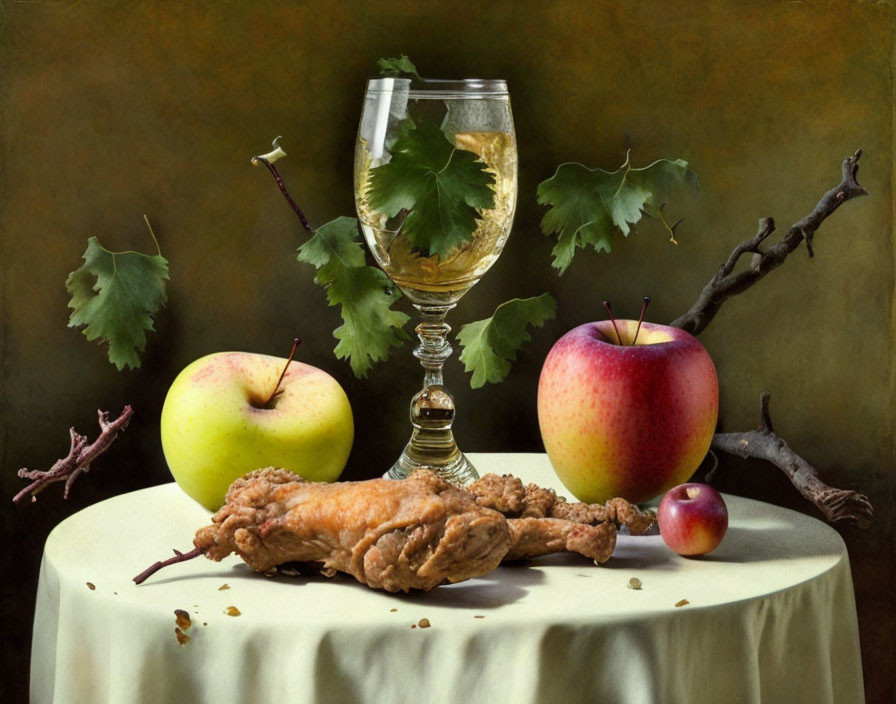 Still life with wine glass, chicken leg, and apples on draped table