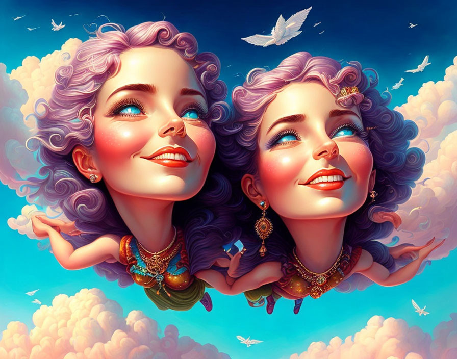 Whimsical female figures with purple hair in surreal sky