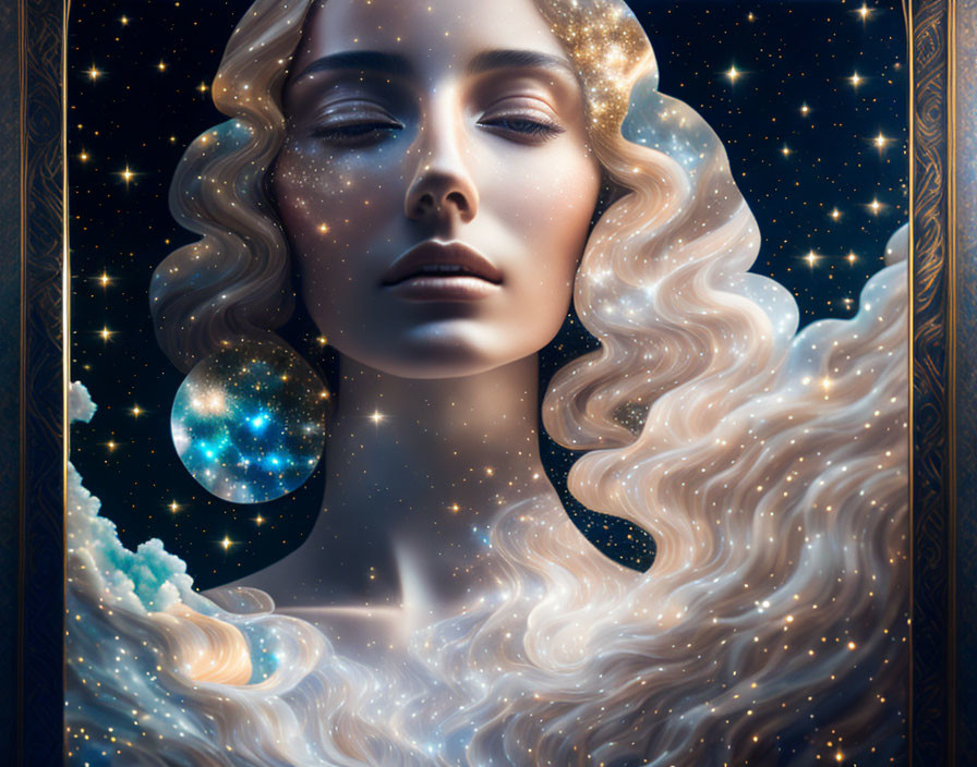 Digital art portrait of a woman blending with cosmic background, stars, planets, nebulous clouds, decorative