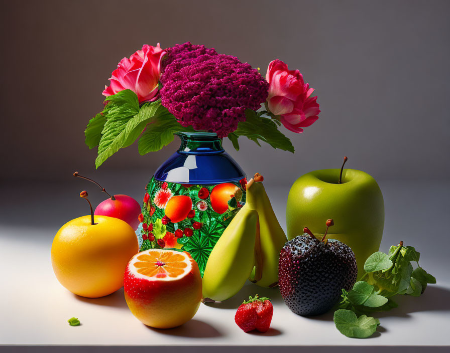 Vibrant still life with patterned vase, flowers, and fruit