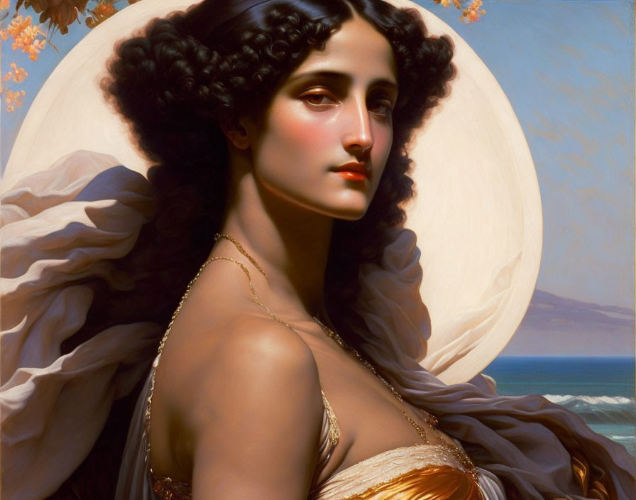 Classical portrait of woman with curly black hair and golden robe against ocean and sky.