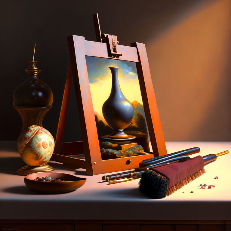 Detailed still-life painting with vase, jar, globe, paintbrushes, and gemstones in warm