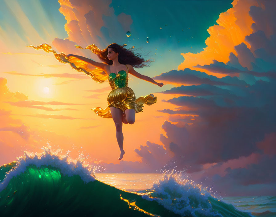 Woman soaring above ocean with fiery trail and sunset backdrop