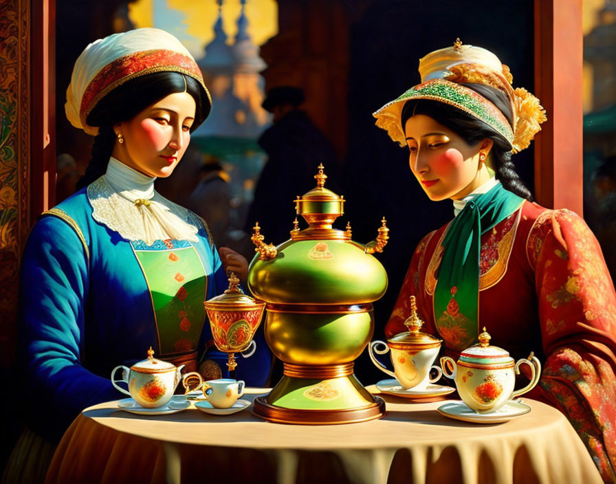 Traditional attired women pouring tea from golden samovar on vibrant background