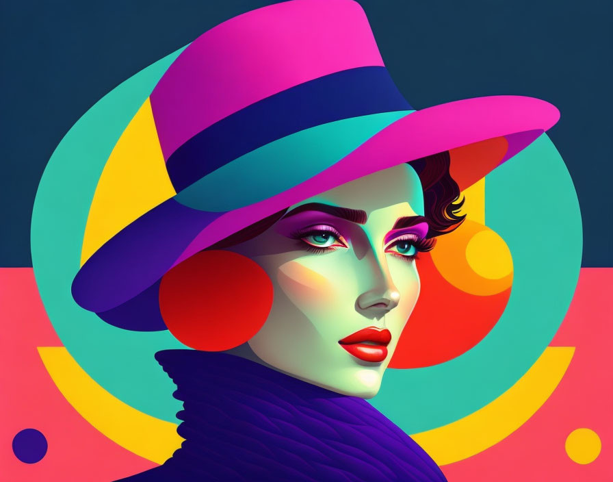 Vibrant digital portrait of a woman in wide-brimmed hat and striking makeup