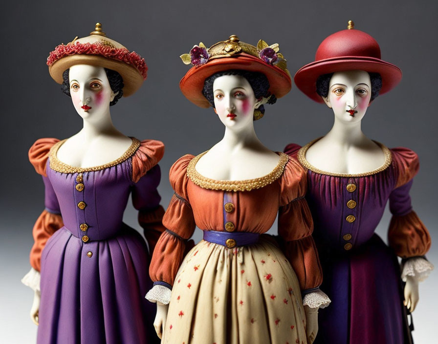 Victorian-Era Fashion: Three Porcelain Dolls in Vintage Gowns