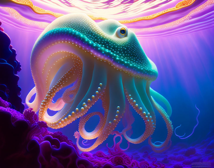 Colorful Octopus Artwork Under Psychedelic Sea