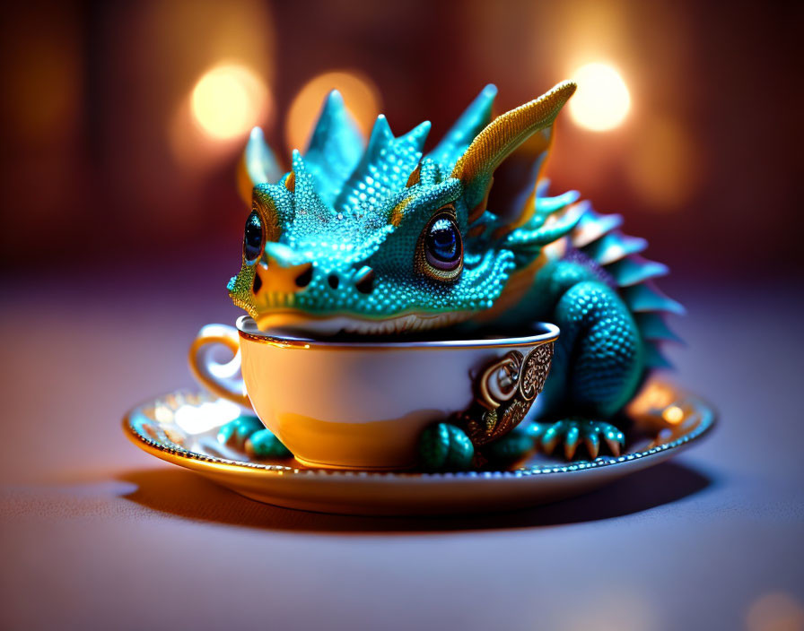 Blue Dragon Figurine in Porcelain Cup with Glowing Lights