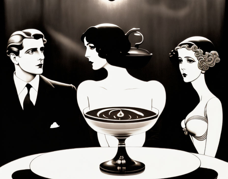 1920s black and white illustration of elegant figures around a table