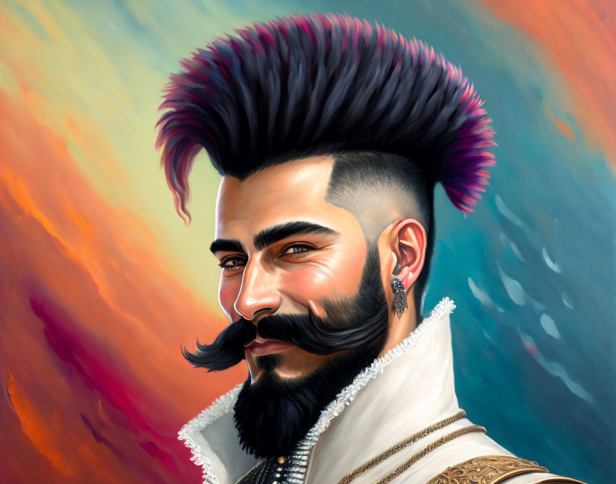 Colorful digital artwork: Bearded man with mohawk in ornate clothing, sunset sky backdrop