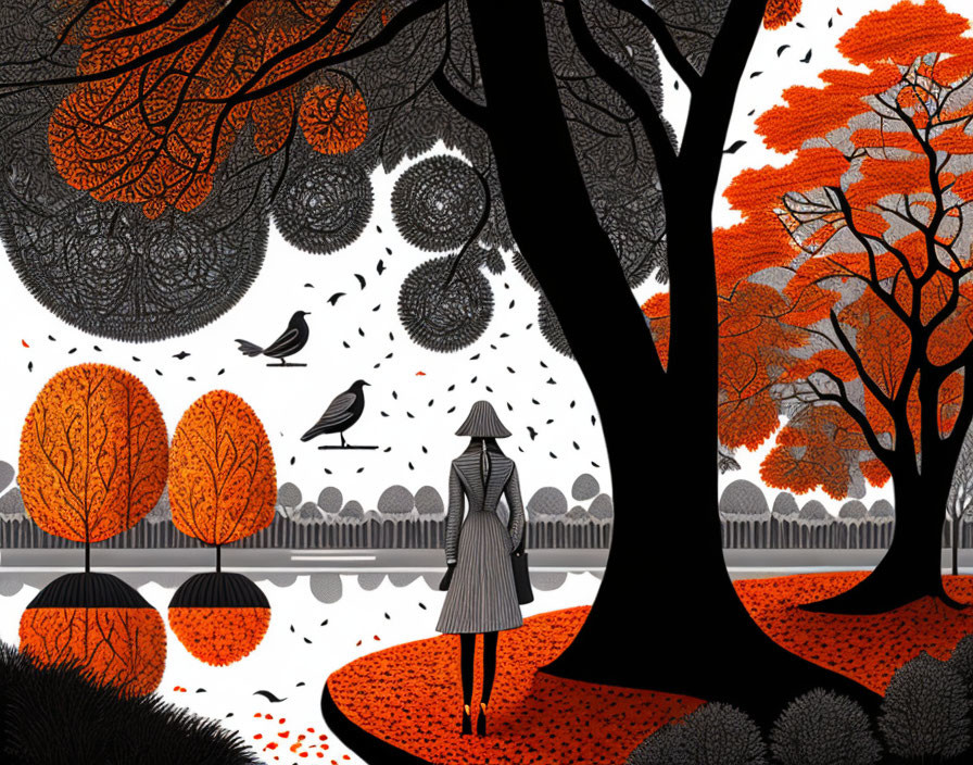 Person in coat views autumn scene with orange foliage, birds, and reflective water under black and white sky