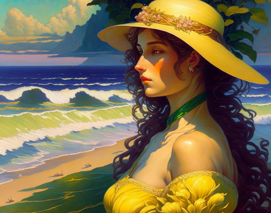 Woman in yellow dress and hat by seaside with crashing waves and cloudy sky.