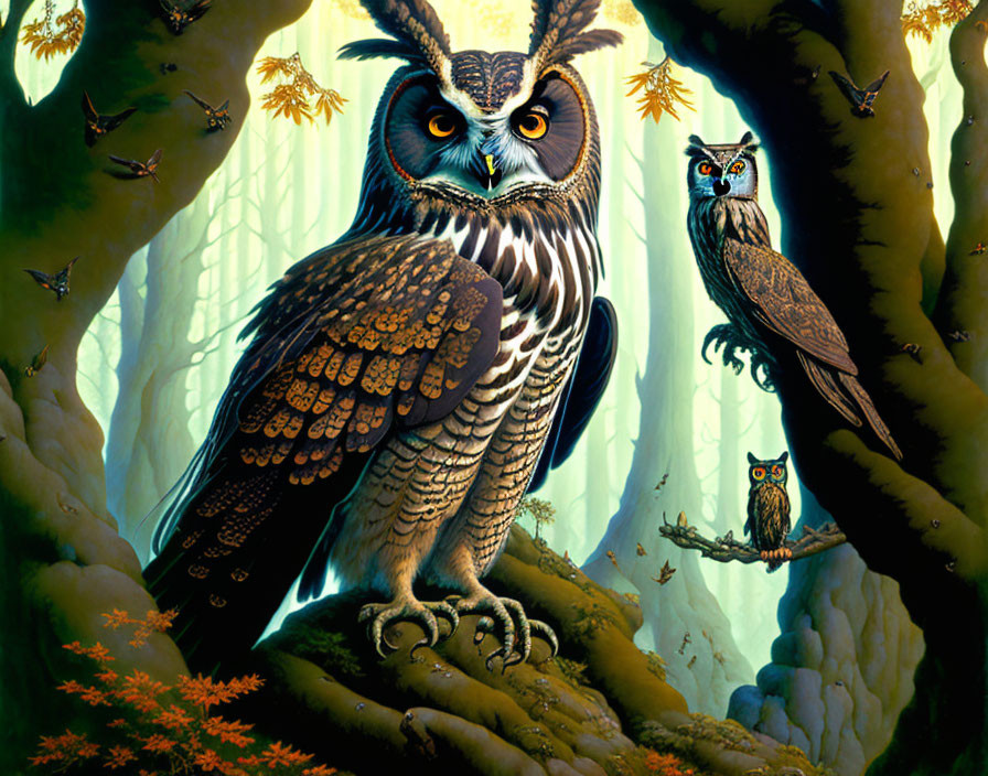 Colorful painting of three owls in mystical forest