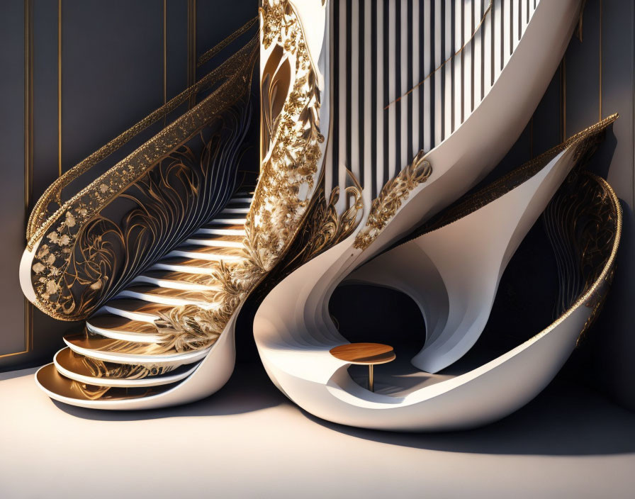 Luxurious Abstract Interior with Gold and White Swirling Staircases