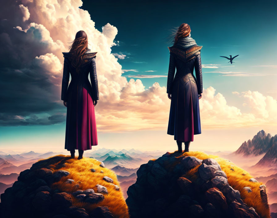 Two figures in long coats on hilltops under dramatic sky with mountains, bird flying.