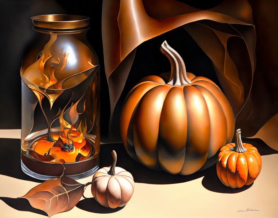 Hyperrealistic Painting of Glass Jar, Pumpkins, Leaf, and Dark Drapery