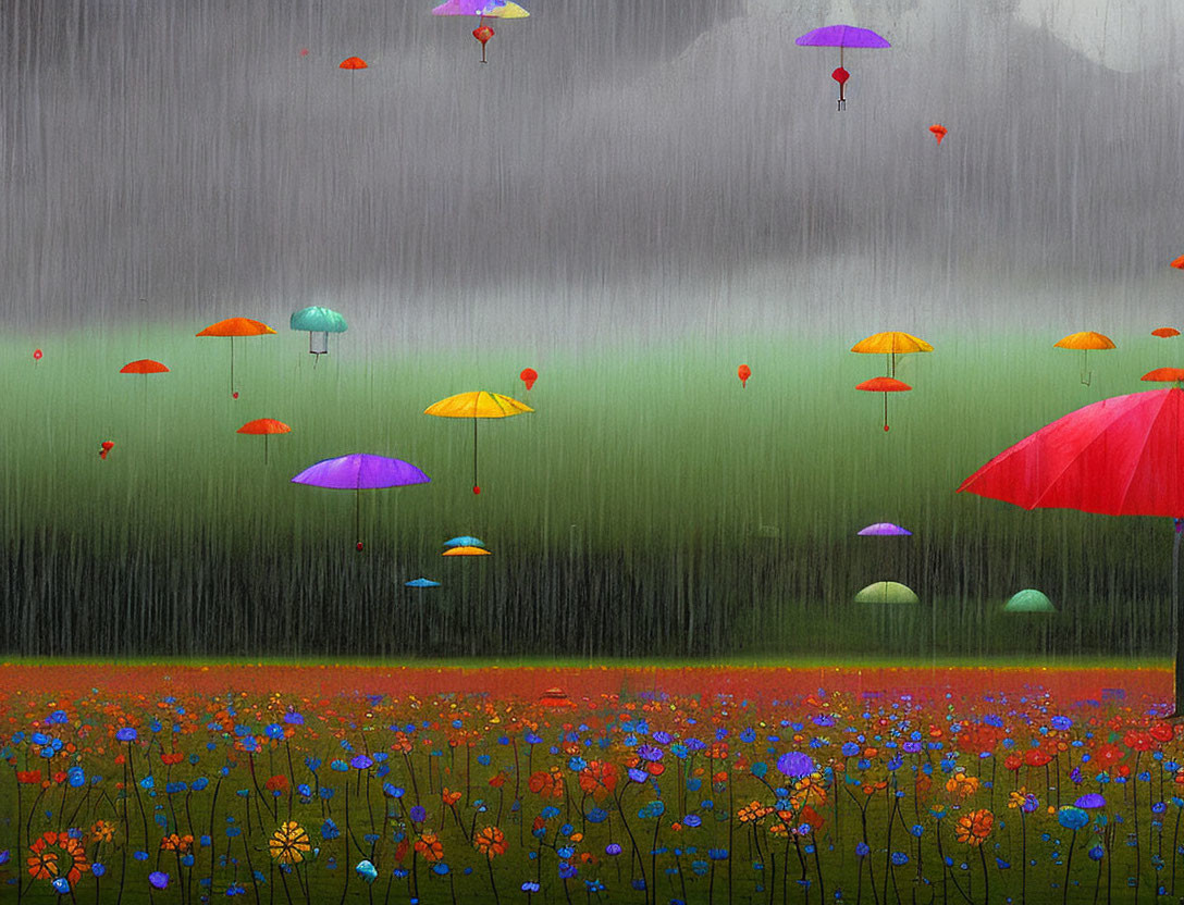 Vibrant field of flowers with colorful umbrellas under misty mountains