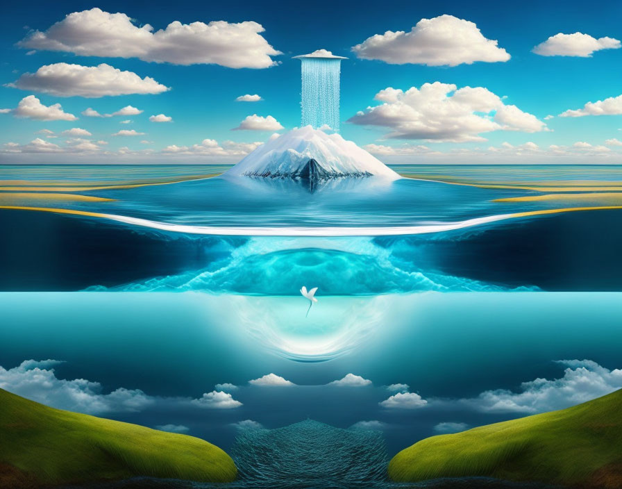 Surreal image: Skyscraper on iceberg, whale underwater