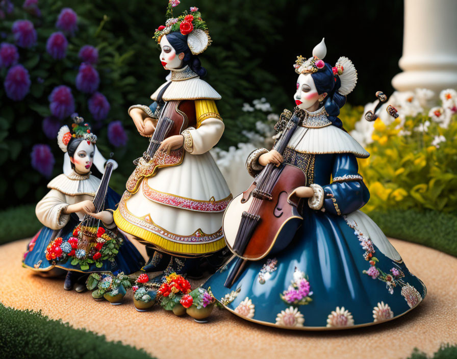 Ornate Renaissance figurines playing instruments in floral setting