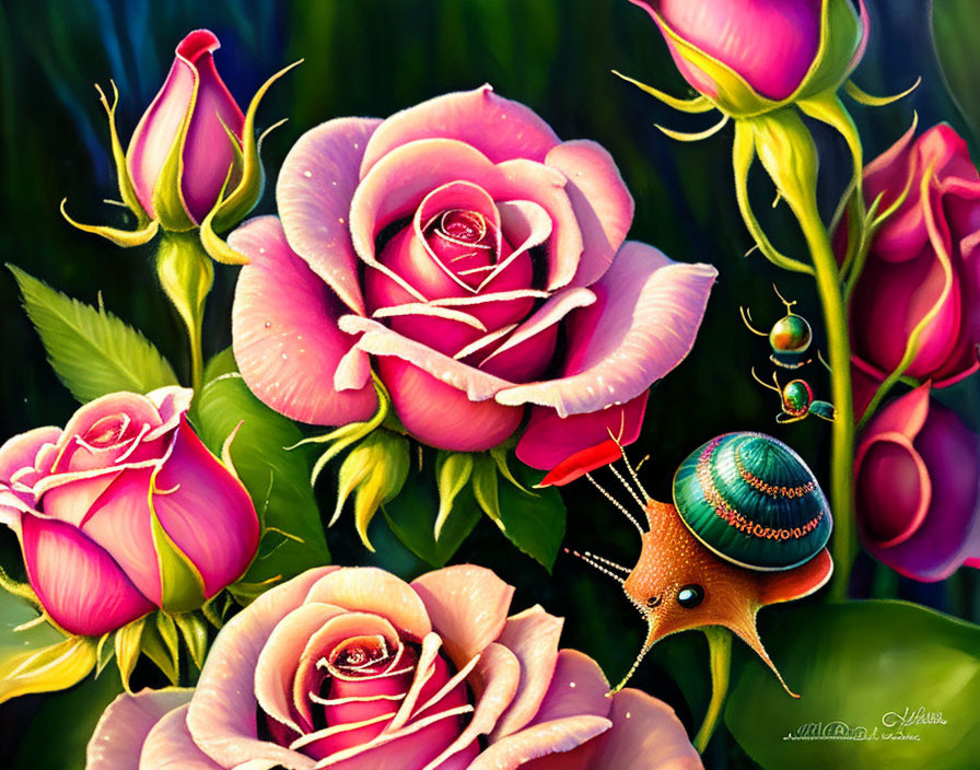 Detailed pink roses and jeweled snail on leaf against dark green backdrop