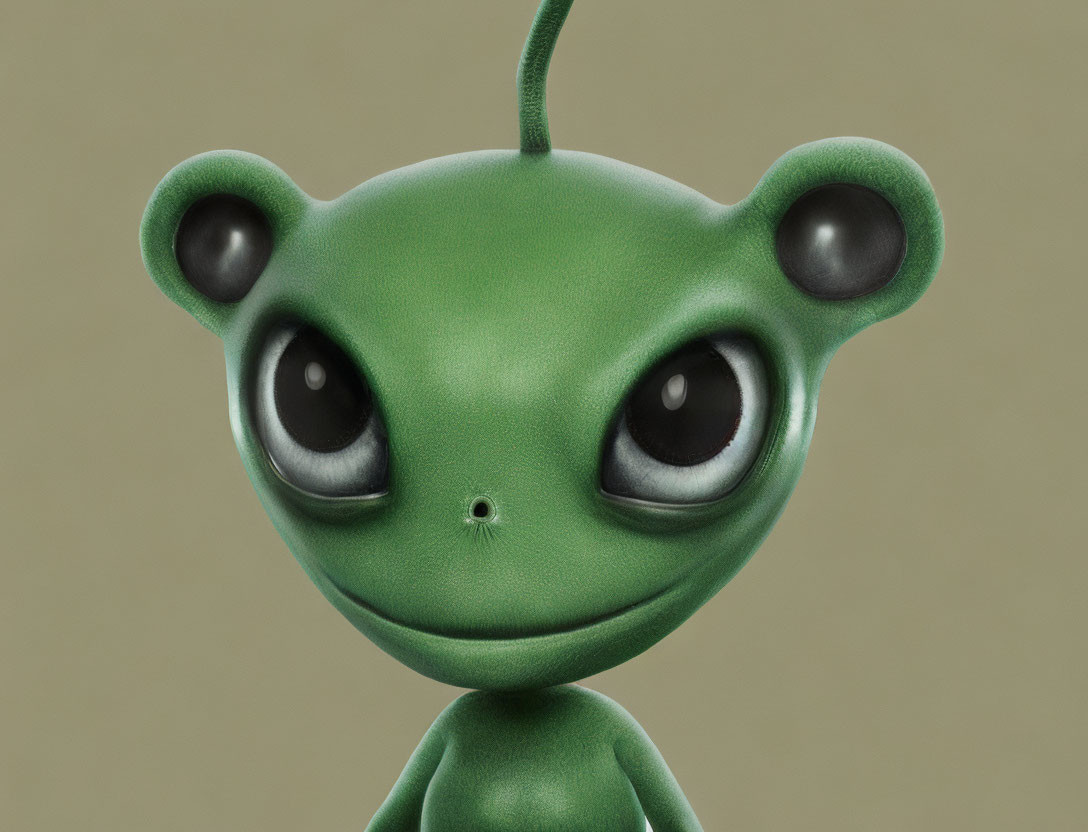 Green alien illustration with black eyes and antenna on neutral background.