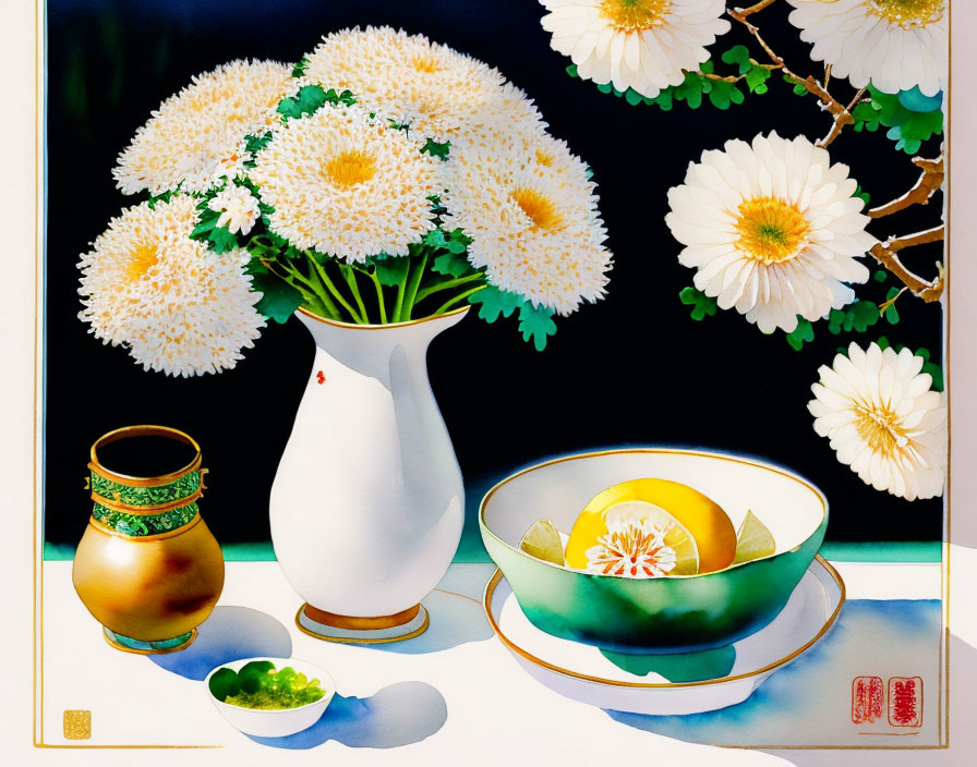 Colorful Still Life Painting with White Vase, Chrysanthemums, Lemon, Pot,