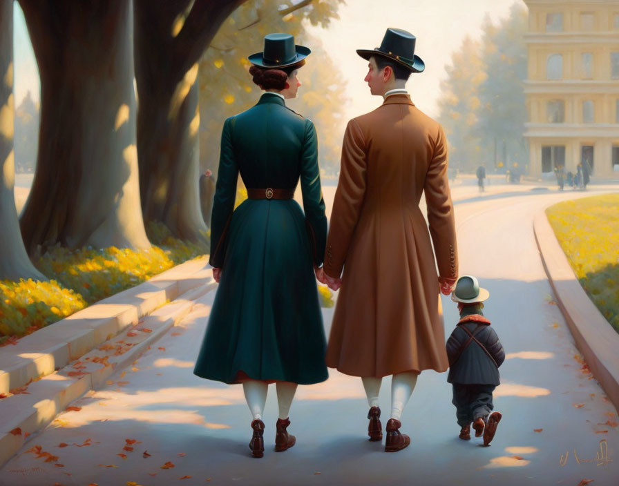 Family of Three Strolling in Vintage Attire Down Tree-Lined Path