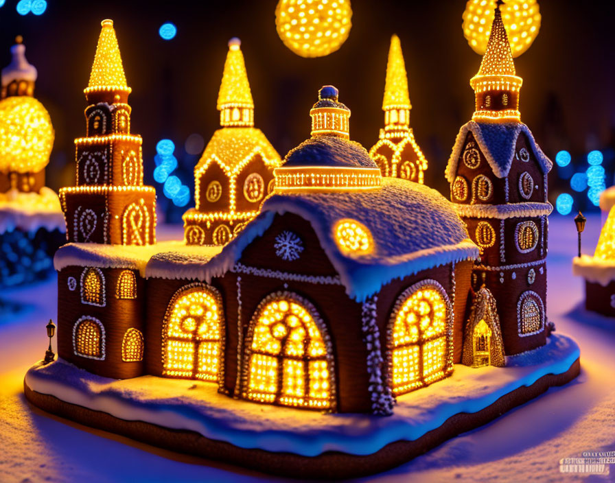 Festive Gingerbread Village with Illuminated Windows on Blue Background