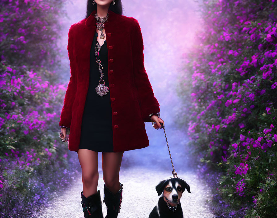 Person in Red Coat Walking Dog on Leash in Mystical Fog