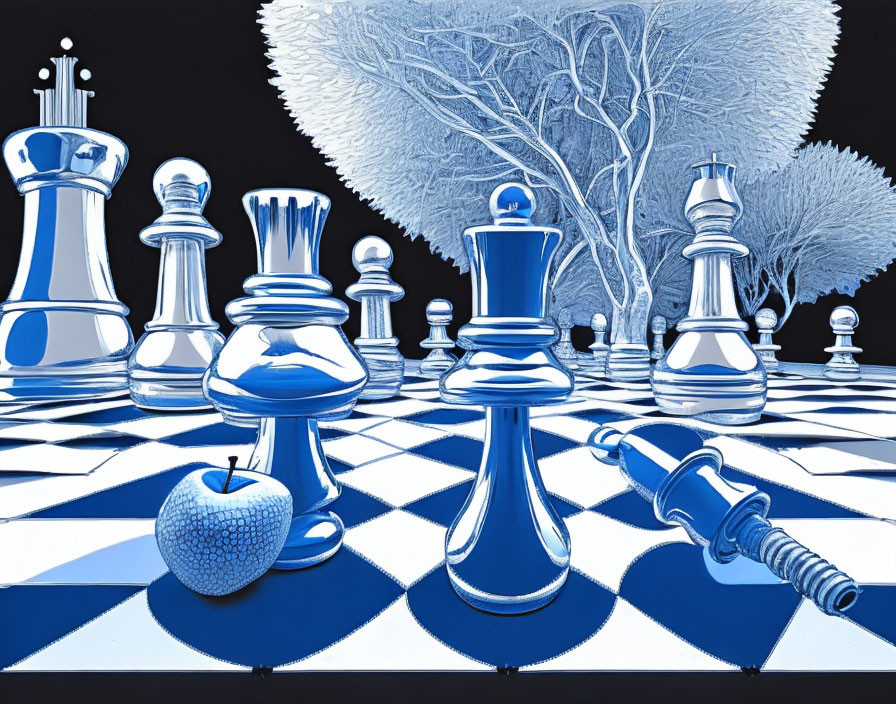 Surreal blue and white chessboard with fallen king piece and apple