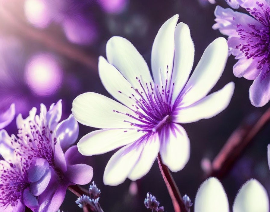 White and Purple Flower Close-Up with Soft Bokeh Highlights