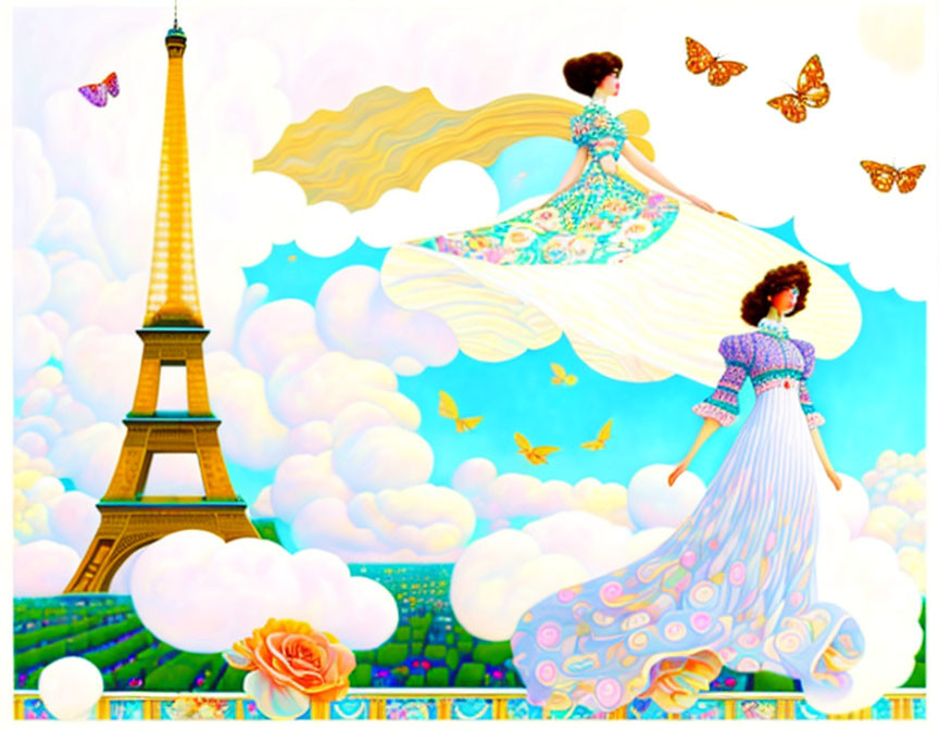 Two women in flowing dresses near Eiffel Tower with butterflies and surreal background.