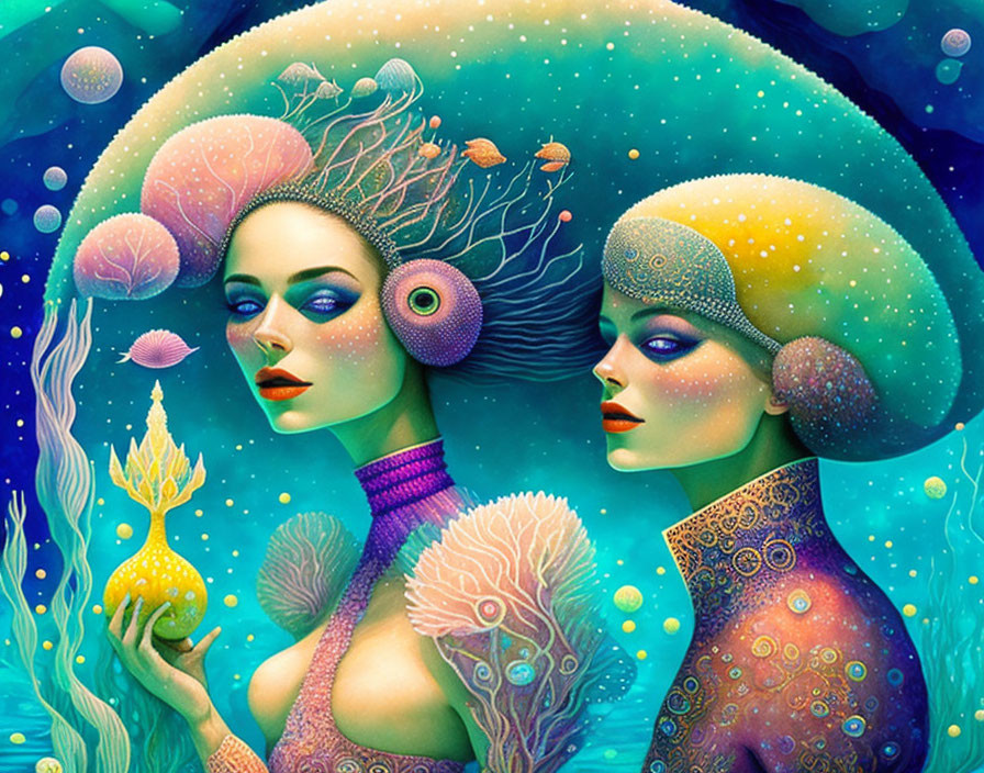 Stylized female figures with intricate patterns among vibrant underwater scenery