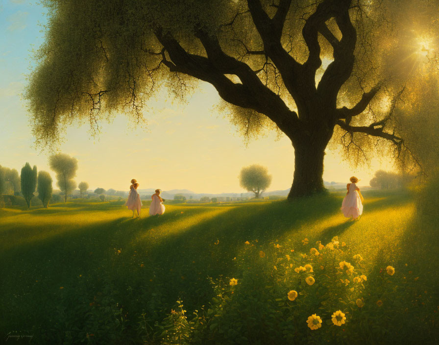 Vintage-dressed couple under large tree in flower field at sunset