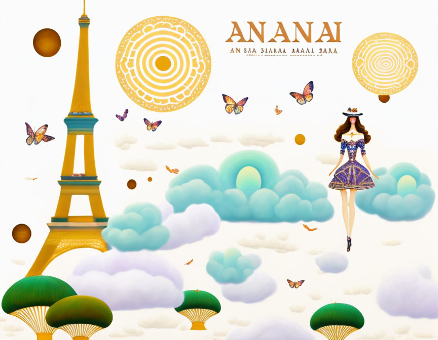 Whimsical illustration of Eiffel Tower, woman, clouds, butterflies & mushrooms